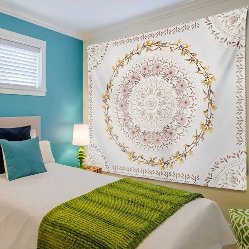 Miniatura 4 de Tapiz bohemio naranja para colgar en la pared, medallón floral de mandala, tapiz hippie con diseño de corona estética marrón claro, manta de Crema