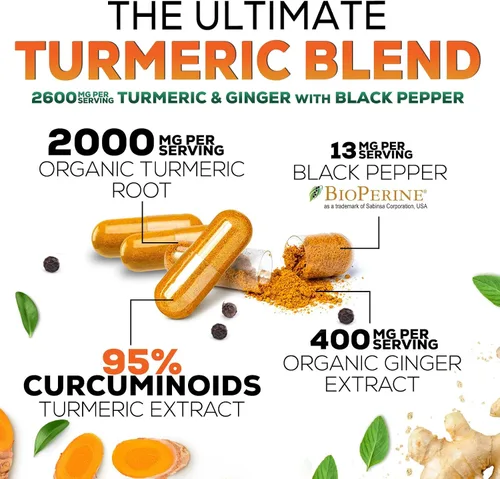 Miniatura 3 de Suplemento de curcumina de cúrcuma – 2000 mg de cúrcuma orgánica por porción – 95% curcuminoides, jengibre y pimienta negra BioPerine para una mejor
