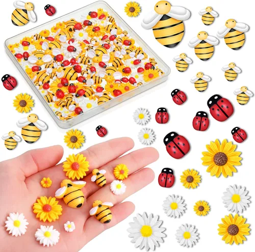 200 piezas de resina mini decoración de girasol de abeja margarita adorno de abejas, abalorios de abejas, cuentas epoxi de mariquitas, manualidades,