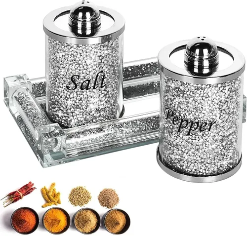 Miniatura 10 de Juego de saleros y pimenteros de cristal con bandeja, decoración de casa de diamantes triturados de cristal brillante para cocina, tarro de sal