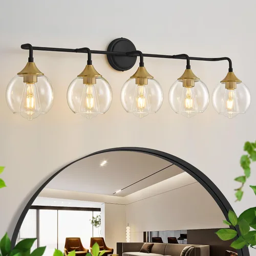 Miniatura 12 de Lámpara de Tocador de Baño Dorada con Pantalla de Vidrio Transparente, Base E26, Luminarias de Baño de 2 Luces Sobre Espejo, Luces de Tocador de 14