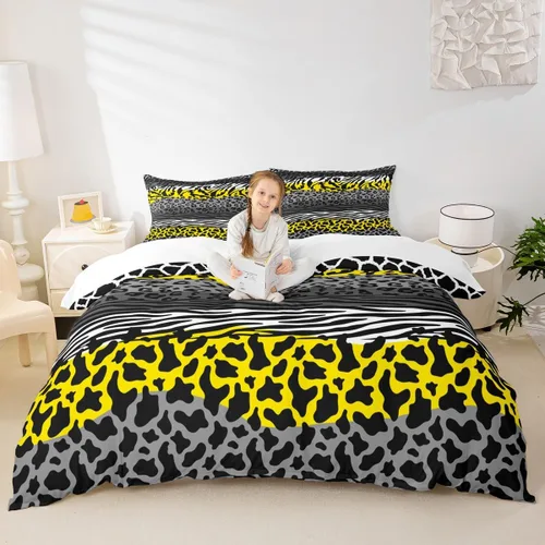 Miniatura 29 de Juego de funda de edredón con estampado de leopardo, tamaño individual, juego de ropa de cama rústica con rayas de piel de cebra, decoración