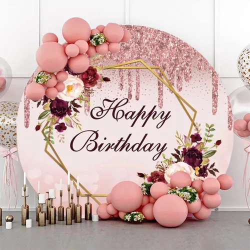 Miniatura 3 de Fondo redondo de feliz cumpleaños de 7.5 x 7.5 pies, fondo de fotos de color burdeos, color oro rosa, para mujeres, damas, niñas, 16, 30, 40, 50