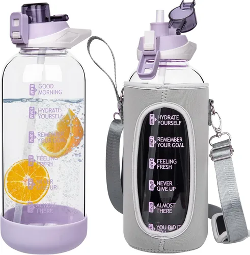 Miniatura 23 de Botella de agua deportiva de vidrio de 32 onzas con popote y marcador de tiempo, botella de vidrio motivacional reutilizable grande para agua Rosa