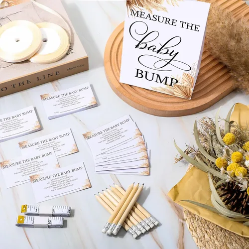 Miniatura 6 de Fumete Juego de 65 piezas para baby shower, incluye letrero bohemio de medir la protuberancia del bebé, 50 tarjetas de adivinanzas, 10 lápices, 2