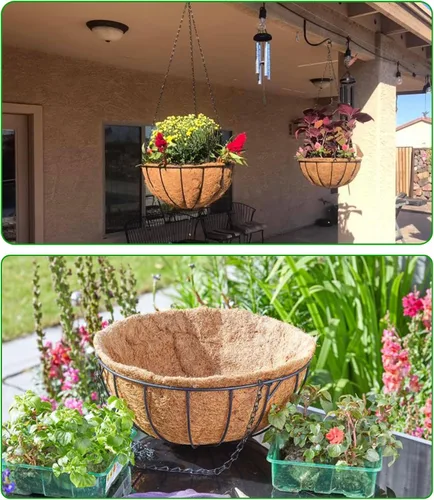 Miniatura 5 de LCHUANG Cestas colgantes para plantas, paquete de 2 cestas de metal de 10 pulgadas con forro de fibra de coco, macetas colgantes para exteriores