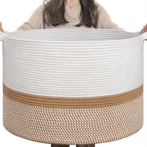 Miniatura 16 de INDRESSME Cesta de Cuerda de Algodón XXXLarge 21.7" x 21.7" x 13.8" Cestas Tejidas para Ropa de Bebé Cestas de Mantas Cesta de Juguetes con Textura