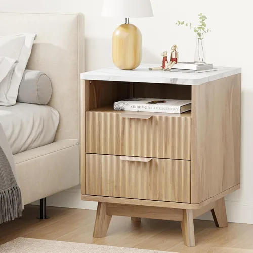 Miniatura 16 de Mesita de noche con 2 cajones de almacenamiento, mesa auxiliar moderna para dormitorio con asa recortada, mesitas de noche grandes para dormitorio