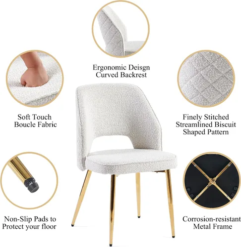 Miniatura 5 de NORDICANA Juego de 2 sillas de comedor modernas, sillas acentuadas tapizadas en beige bouclé con patas doradas de metal, sillas laterales
