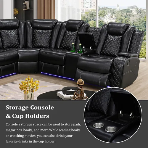 Miniatura 4 de Sofá Seccional Reclinable Eléctrico, Sofá Modular Seccional Reclinable de Cuero Negro, Sofá de Cuero en Forma de L con Luces LED/Cargador