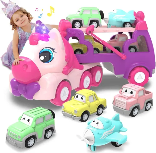 Miniatura 12 de Juguetes de Dinosaurio para Niños 2 3 4 5 6, 5 en 1 Camión de Dinosaurio con 4 Coches de Dino, Luz y Sonido, Juguetes para Niños de 2 a 7 Años