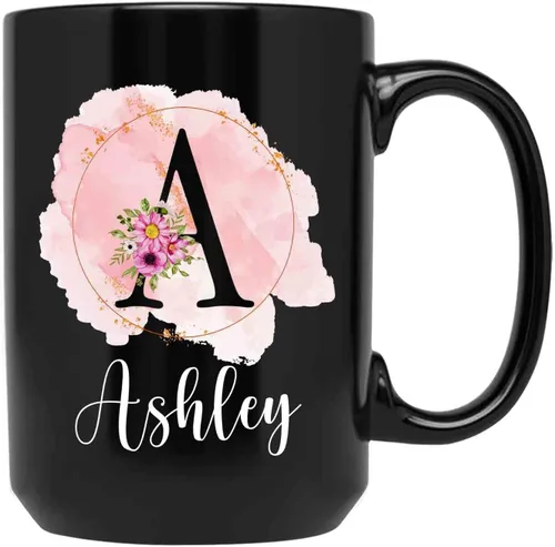 Taza personalizada con nombre inicial, taza con monograma personalizado, 11 y 15 onzas, cerámica negra