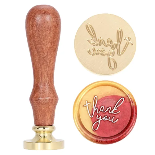 Yoption Sello de cera con texto en inglés "Thank You", sello de cera vintage con cabeza de latón y empuñadura de madera para bodas, fiestas de