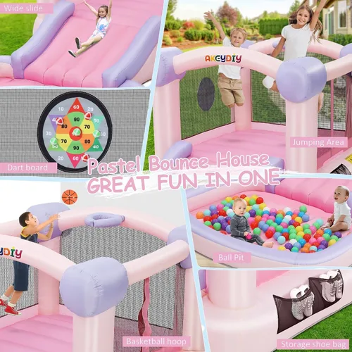Miniatura 6 de AKEYDIY Pastel Dream Casa de Rebote para Niños de 3-10, Casa de Rebote de Agua de 161x82x63 pulgadas con Tobogán, Piscina de Pelotas/Foso