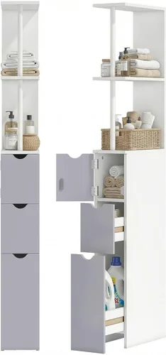 Miniatura 11 de HOMCOM Armario de almacenamiento de baño de 54 pulgadas de alto, torre de lino independiente con estante de 2 niveles y cajones, organizador de piso