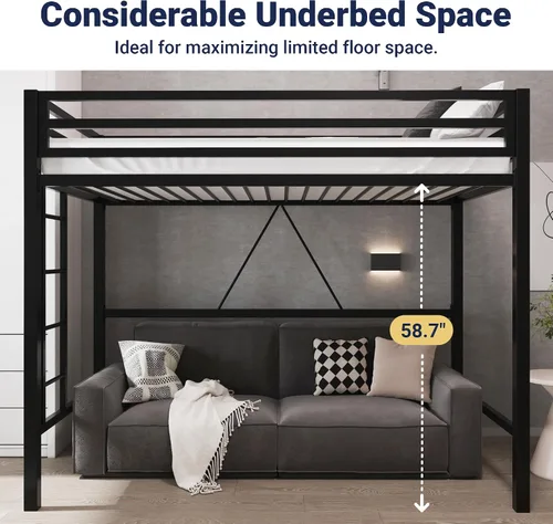 Miniatura 5 de Allewie Cama alta de metal tamaño individual con barandilla y escalera, diseño pequeño que ahorra espacio para dormitorio, habitación de niños