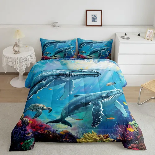 Miniatura 34 de Erosebridal Blue Ocean - Juego de edredón tamaño individual Juego de ropa de cama de ballena delfín y tortuga marina para niños y niñas, juego