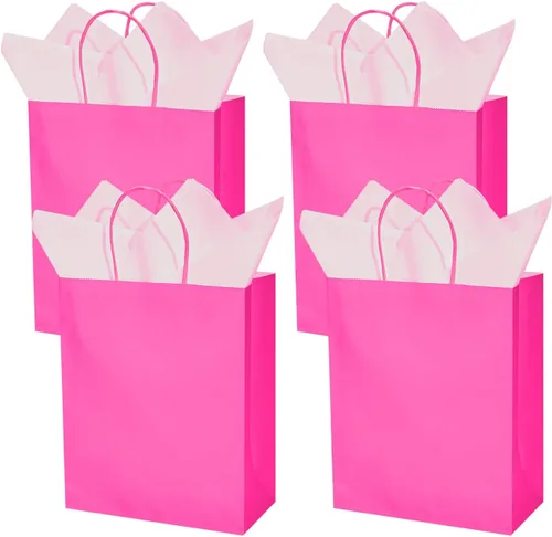 Miniatura 4 de DjinnGlory Paquete de 24 bolsas de regalo de papel rosa intenso de tamaño mediano con asas de 10 x 8 x 4 pulgadas y 24 papel de seda rosa para Rosa