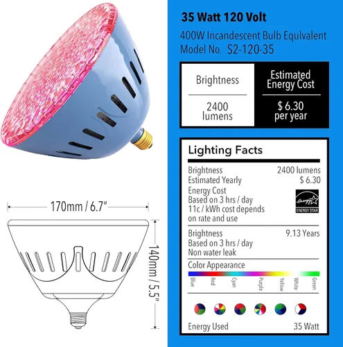 Miniatura 2 de LAMPAOUS Bombilla LED para piscina de 35 W RGB que cambian de color, compatible con Pentair, luces de piscina Hayward, iluminación submarina de 120