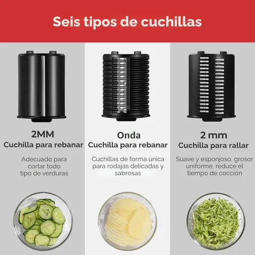 Miniatura 4 de Rallador Eléctrico de Queso, Preparador de Ensaladas con 6 Formas Diferentes de Cuchillas, Rebanadora Trituradora Eléctrica de 250W, Máquina