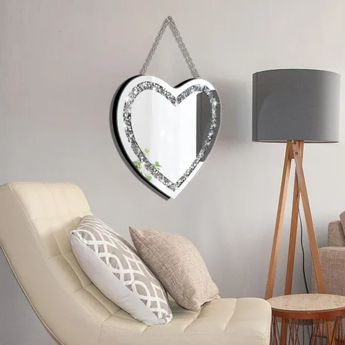 Miniatura 3 de DMDFIRST Espejo de plata con forma de corazón de diamante de cristal con cadena de acero inoxidable plateado para decoración de pared, 12 x 12 x 0.5