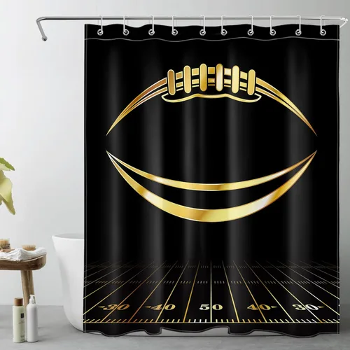 LB Cortina de ducha de fútbol americano, juego deportivo, acuarela, fondo negro, cortina de baño de dibujos animados, tela de poliéster decorativa