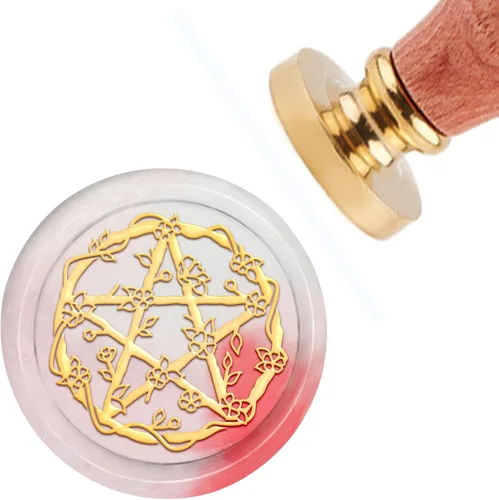 CRASPIRE Sello de cera de cinco puntas con diseño de estrella vintage, diseño de vid de 1.181 in, 1.18 pulgadas, cabeza de latón extraíble con mango