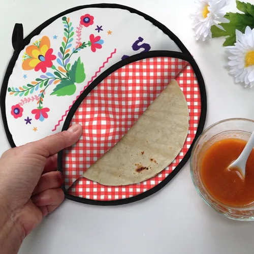 Miniatura 8 de Dos caras. Calentador de tortillas, tamaño de 11 pulgadas aislado y apto para microondas, bolsa de tela que los mantiene calientes hasta una hora.