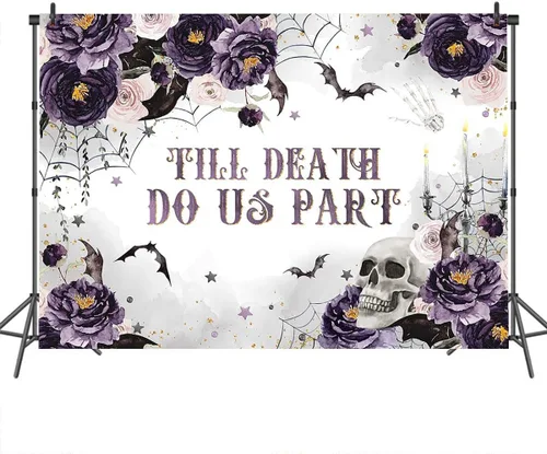 Miniatura 3 de Mocsicka Till Death Do Us Part - Telón de fondo para Halloween, esqueleto gótico, flores, despedida de soltera, fotografía, fondo espeluznante