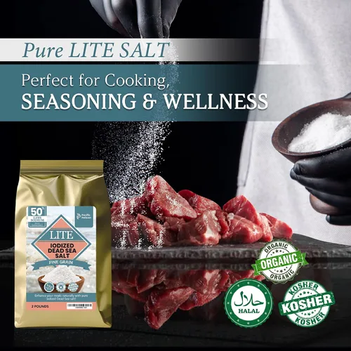 Miniatura 4 de Pacific Pelican Sal yodada del Mar Muerto Lite - Grano fino Kosher sin refinar, natural yodada, sal baja en sodio para cocinar, condimentar