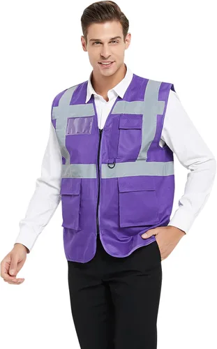 Miniatura 4 de TOPTIE Chaleco de seguridad de alta visibilidad de 5 bolsillos con tiras reflectantes, chaleco de uniforme de trabajo Anaranjado Neón