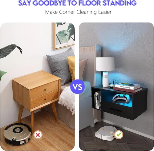 Miniatura 6 de Homaterial Mesita de noche flotante con estación de carga y luces LED, mesita de noche flotante con cajones, mesitas de noche montadas en la pared