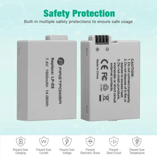 Miniatura 4 de FirstPower Paquete de 2 baterías LP-E8 compatibles con Canon EOS Rebel T5i, T4i, T3i, T2i, EOS 550D, 600D, 650D, 700D, Kiss X4, Kiss X5, Kiss X6
