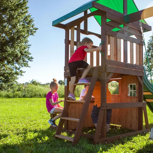 Miniatura 5 de Backyard Discovery Lakewood - Juego de columpios de madera de cedro con tobogán ondulado, casa club, casa de juegos, ventana de snack bar, área