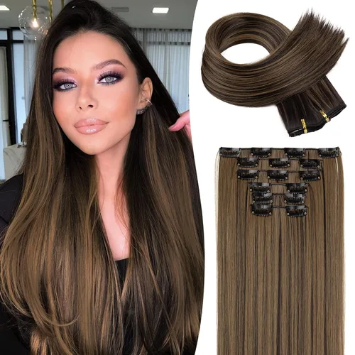 Miniatura 13 de LONAI 6 extensiones de cabello con clip, 24 pulgadas de largo, lacio, sintético, postizo para mujer, rubio ceniza natural