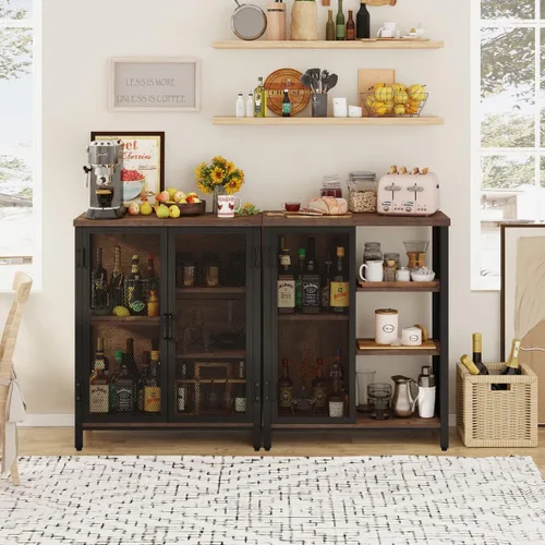 Miniatura 2 de BON AUGURE Armario rústico para barra de café para licor, gabinete de metal de madera de granja con almacenamiento, aparador industrial pequeño
