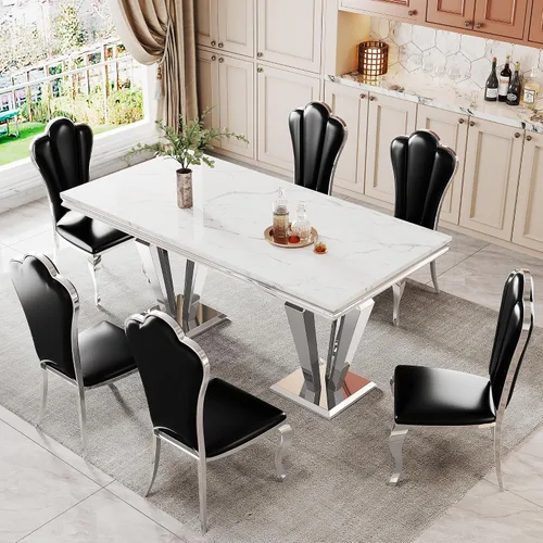 Miniatura 4 de Juego de 2 sillas de comedor de cuero, sillas de cocina tapizadas negras con respaldo alto con patas de acero inoxidable plateadas, modernas sillas