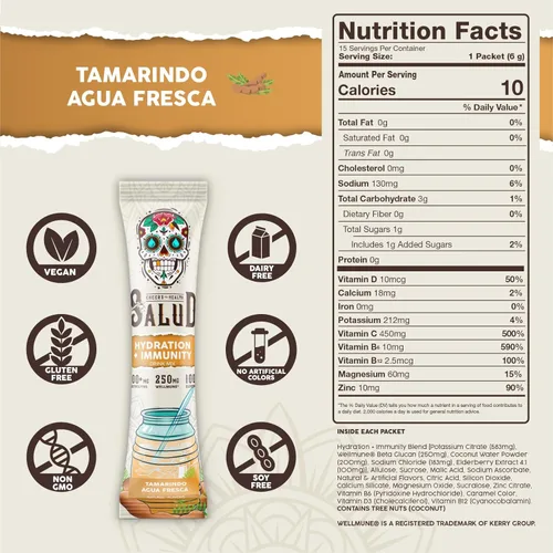 Miniatura 3 de Paquetes de Hidratación 2-en-1 Salud + Polvo de Electrolitos para la Inmunidad, Tamarindo - Mezcla para Bebida Agua Fresca, Baya del Saúco, Libre