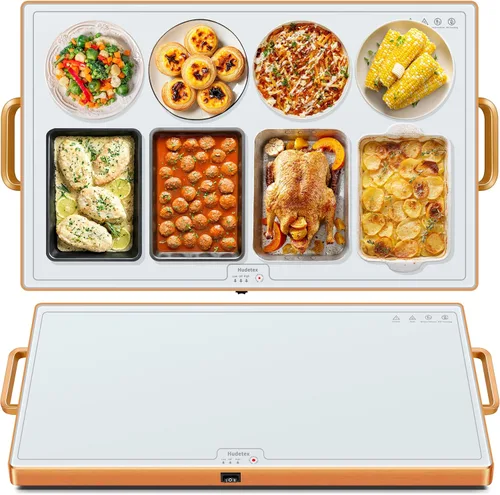 Miniatura 10 de Bandeja calentadora de alimentos (XL 24"x16"), calentadores de alimentos para fiestas, buffet y uso diario, bandeja calentadora eléctrica de Blanco