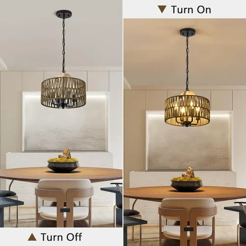 Miniatura 5 de Lámpara antigua para comedor, lámpara colgante de ratán de 4 luces con pantalla de tambor, luz colgante de techo de mimbre tejida ajustable, lámpara