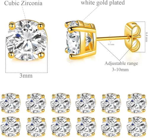 Miniatura 20 de Aretes de tuerca chapados en oro blanco de 18 quilates de 3 a 0.315 in con circonita cúbica redonda, paquete de 6 pares