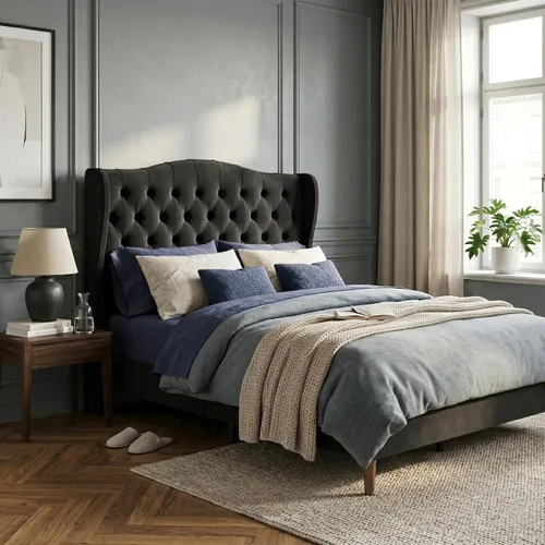Miniatura 16 de Base de cama matrimonial con cabecera de almacenamiento con respaldo alado de 51.8 pulgadas, plataforma tapizada gris con estación de carga (tipo C)