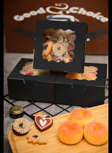Miniatura 7 de Bakepacker 100 piezas de cajas de panadería negras con ventana de 6x6x3 pulgadas, gruesas y resistentes, cajas de macarrón y de repostería, cajas