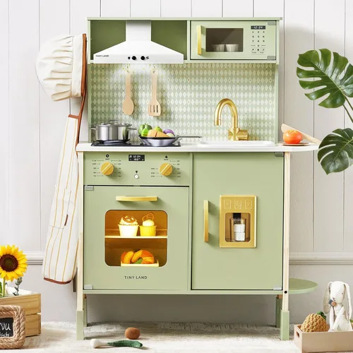Tiny Land Juego de cocina para niños, juego de cocina de granja de madera, juego de chef para niños pequeños con luces y sonidos reales, juguetes de