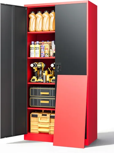 Miniatura 32 de Armario de almacenamiento de metal, archivador alto con 2 estantes ajustables y cajón, gabinete de herramientas de acero con cerradura para oficina
