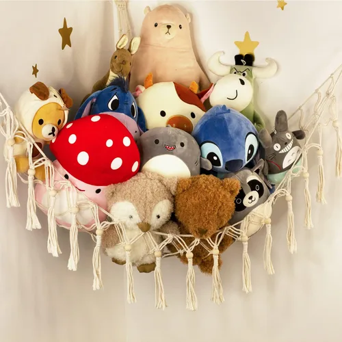 Miniatura 3 de Hamaca de almacenamiento para juguetes de animales de peluche con luz LED - Organizador de esquina para muñecas jumbo de macramé - Redes de Beige
