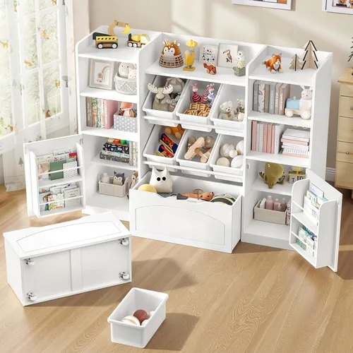 Miniatura 7 de FINETONES Organizador de almacenamiento de juguetes de 55 pulgadas con 6 contenedores de juguetes, estantería grande 5 en 1 para niños con cofres