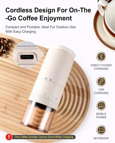 Miniatura 2 de Molinillo de café eléctrico portátil de acero inoxidable 420, molinillo de café expreso recargable con 38 ajustes de molienda ajustables Beige