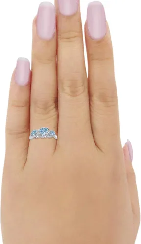 Miniatura 4 de Blue Apple Co. Anillo de boda con halo de 3 piedras, plata de ley 925 con circonita cúbica redonda simulada