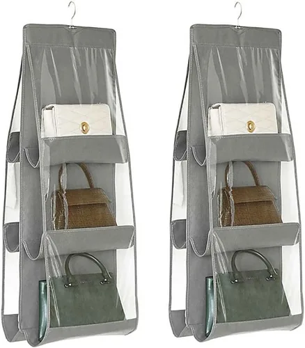 Miniatura 4 de Paquete de 2 organizadores para colgar bolsos, tela no tejida gruesa + bolsillos de PVC, organizador para colgar bolsos, organizador de Negro+Gris